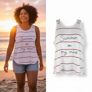 LOFT Summer on My Mind Striped Tank Top Size Large White Red Graphic Size Large